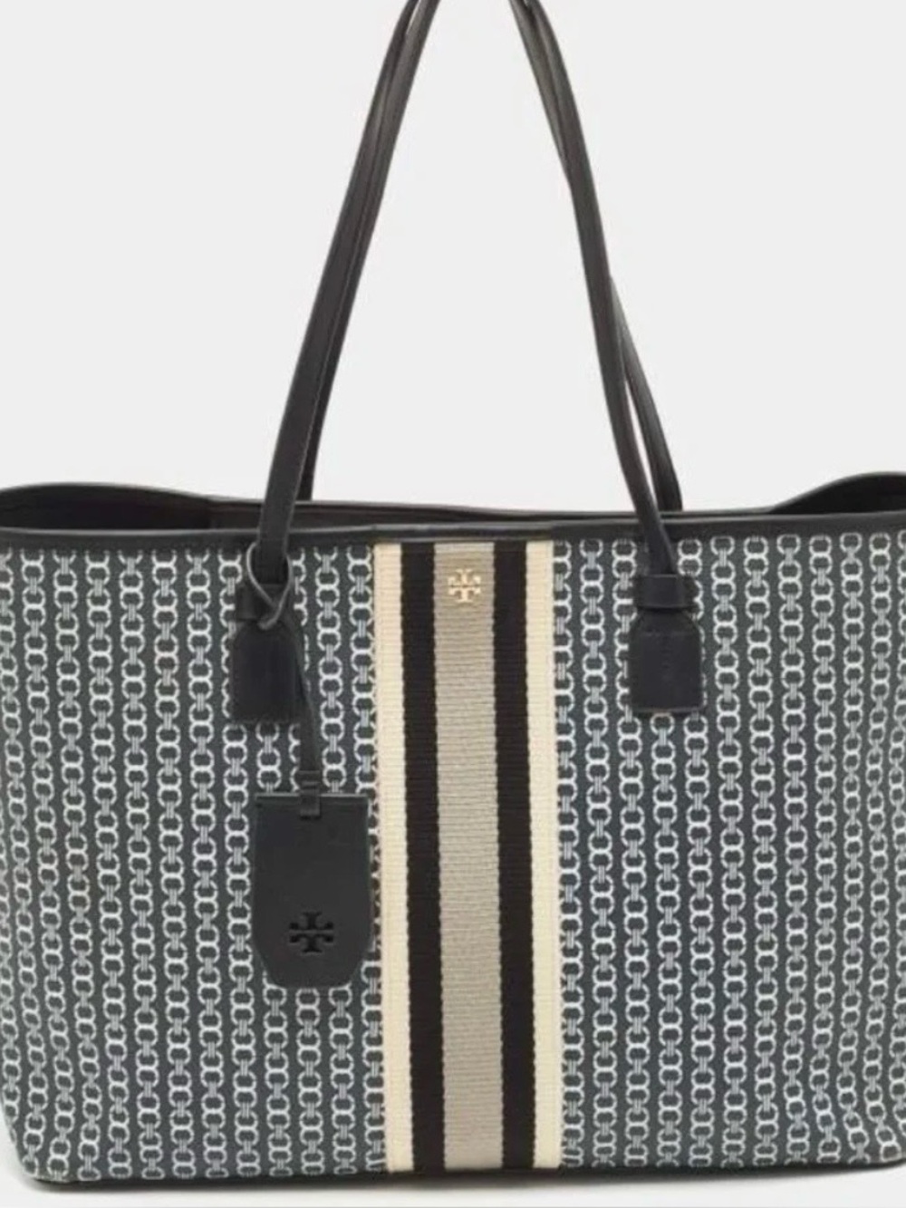 Tory Burch Navy, Black & Cream Gemini Chain Link Stripe Tote Bag